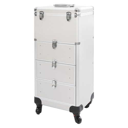 Kosmetikkoffer Damen, Schminkkoffer Beauty Make-up Case, abschließbar, Make-up Koffer aus MDF-Platte + Aluminiumrahmen 360° drehbare Rollen 34 x 27 x 73 cm, Silber glänzend von CHFUNE