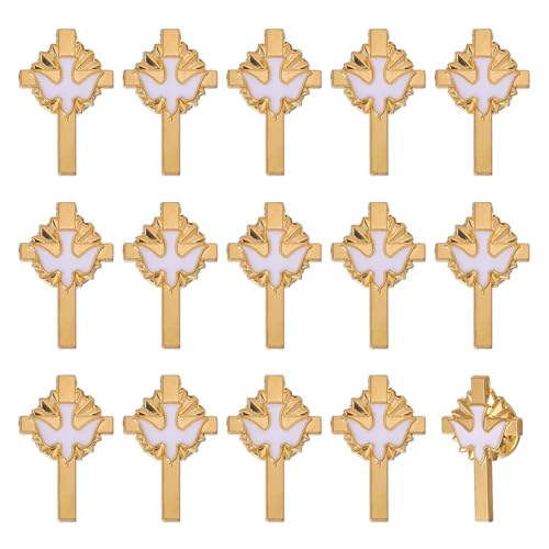 CHGCRAFT 15 Stück Kreuz mit Friedenstaube Emaille Anstecknadeln Kreuz Reversnadel Kreuz Beerdigungsnadeln Taube Kreuz Bänder Emaille Anstecknadeln Legierung Broschen für Kleidung, Golden, 0,9x0,6 Zoll von CHGCRAFT