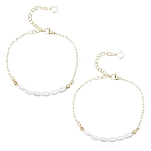 CHGCRAFT 2 Stück Imitation Perle Reis Perlen Fußkettchen Gold plattiert Armband Perlen Fußkettchen Armband zierlich einstellbar Handgemachten Schmuck für Frauen Geschenke von CHGCRAFT