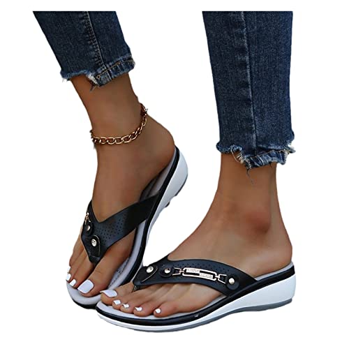 Orthopädische Zehentrenner Sandalen Damen Fashion Strass Flip-Flops 2023 Sommer PU-Leder Clip -Toe Pantoffeln Gummi Plateau Slippers Freizeit Strandschuhe (Color : Black, Size : 39 EU) von MIYYO