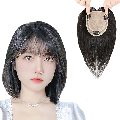 Topper Aus 100% Echthaar for Dünner Werdendes Haar, Damen 10 Zoll Natürliches Schwarzes Haartoupet, Clip-in-Haarteil Mit Seidenbasis, Glatte Haarverlängerung for Graues Haar von CHHYU