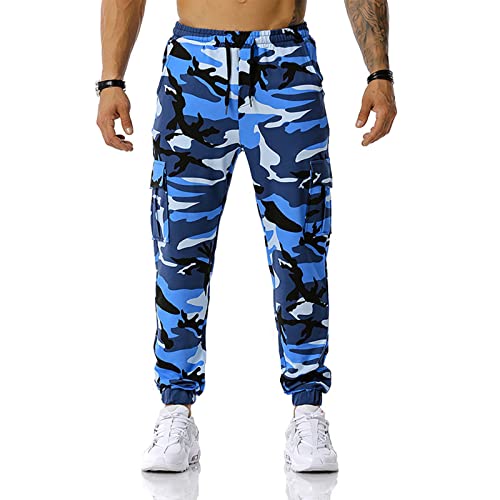 CHIACJYRSEDK Jogginghose Herren Camouflage Cargohose Herren Baumwolle Vintage Militär Trainingshose Sporthose Herren mit Seitentaschen Cargo Hose Tarnmuster Tapered Chino Hose Blau M von CHIACJYRSEDK