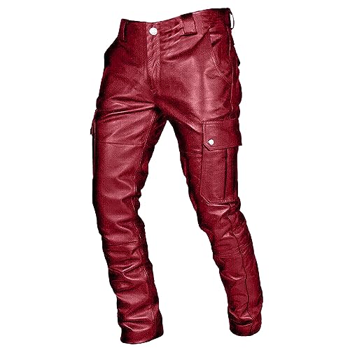 CHIACJYRSEDK Lederhose Herren Cargohose Herren Lange Chino Hose - Vintage Motorrad Jeans Herren Trachtenlederhose - Lederjeans Herren Hosen Arbeitshosen Lackleder Hose Rot XXL von CHIACJYRSEDK