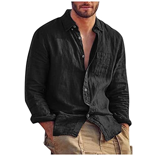 Herren Baumwolle Leinenhemd Leicht Freizeithemd Strandhemd Atmungsaktiv Sommerhemd Casual Herrenhemden Langarmhemd Herren Leinen Hemden Regular Fit Shirts Schwarz XL von CHIACJYRSEDK