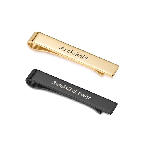 CHIC DIARY 2 Stück Personalisierte Krawattennadel mit Text Gravur Edelstahl Krawattenklammer Schwarz Gold Business Clips Geschenk für Männer von CHIC DIARY
