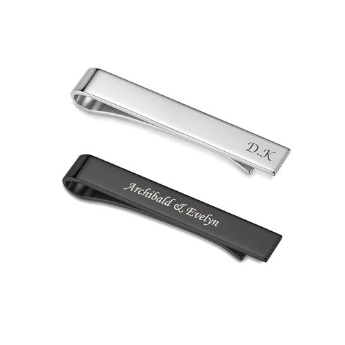 CHIC DIARY 2 Stück Personalisierte Krawattennadel mit Text Gravur Edelstahl Krawattenklammer Silber Schwarz Business Clips Geschenk für Männer von CHIC DIARY