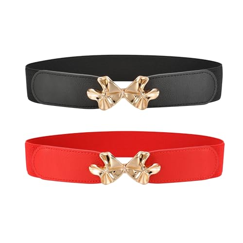 CHIC DIARY 2 Stück Stretchgürtel Damen Modischer Elastischer Taillengürtel Schwarz Rot Dekorativer Gürtel für Jeans Kleid von CHIC DIARY