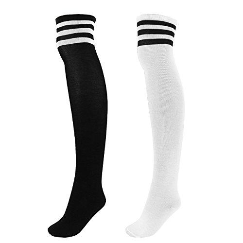 CHIC DIARY Damen Mädchen Kinder Strümpfe Overknee Kniestrümpfe gestreifte Sportsocken College Socks Baumwollstrümpfe, Schwarz Streifen auf Weiß+weiß Streifen auf Schwarz, Einheitsgröße von CHIC DIARY