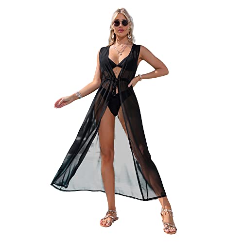 CHIC DIARY Bikini Strandkleid Cover Up Boho Ärmellos Maxi Strandtunika Chiffon Strandponcho Schwarz Kimono Beachwear Damen von CHIC DIARY