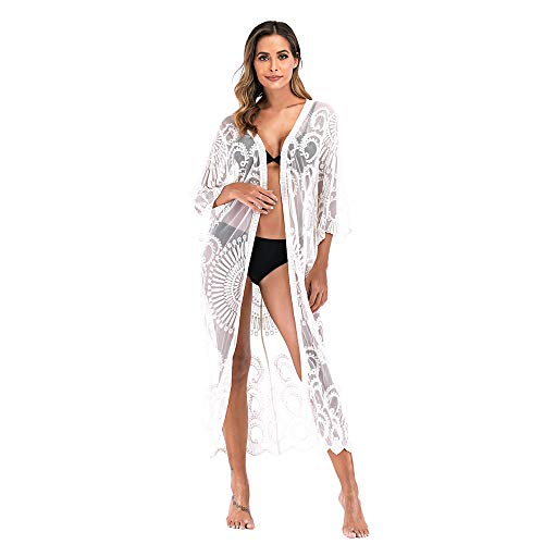 CHIC DIARY Boho Mesh Strandkleid Bikini Cover Up Damen Maxi Strandtunika Kimono Lang Strandponcho Beachwear Weiß von CHIC DIARY