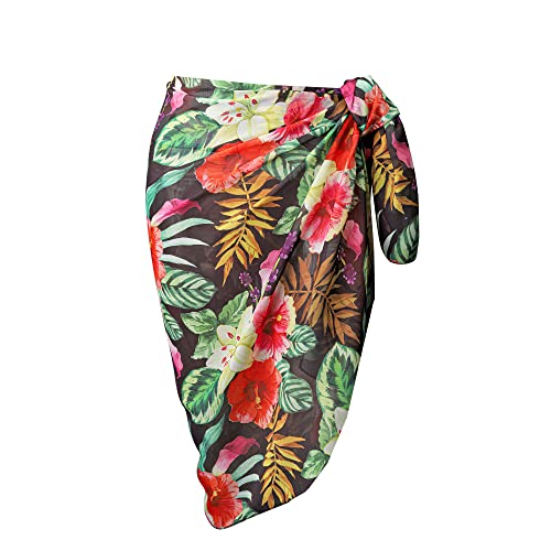 CHIC DIARY Damen Bademode Chiffon Pareo Strand Cover Up Bikini Sarong Badeanzug Wickelrock, Red Flower Black, Einheitsgröße von CHIC DIARY