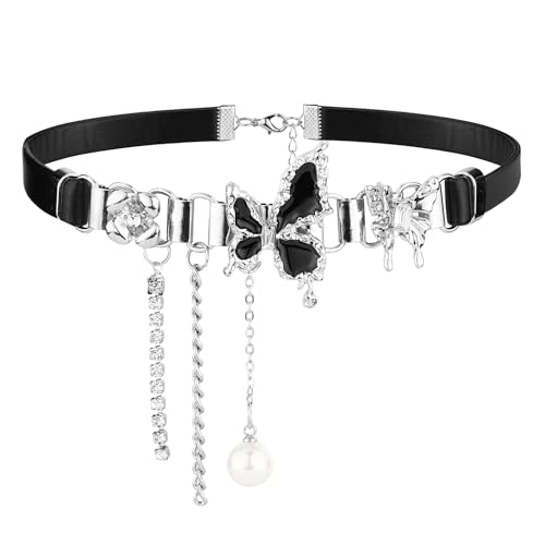 CHIC DIARY Damen Gothic Choker mit Schmetterling Anhänger Leder Halsband Schwarz Cosplay Party Karneval Schmuck Zubehör von CHIC DIARY