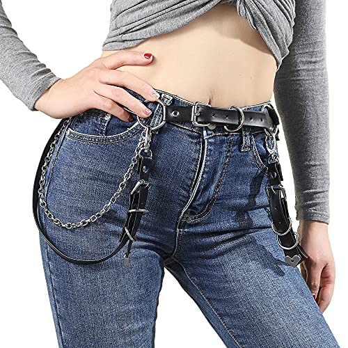 CHIC DIARY Damen Punk Gürtel mit Metallkette PU Leder Gothic Taillengürtel Kette Schwarz Dekorativer Hüftgürtel für Jeans Rock von CHIC DIARY