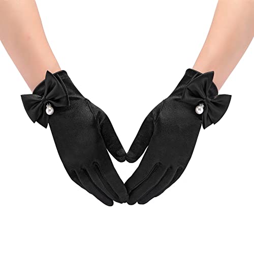 CHIC DIARY Damen Satin Handschuhe Schwarz Festlich Kurz Brauthandschuh mit Schleife Hochzeit Fasching Party Kostüm Accessoire von CHIC DIARY