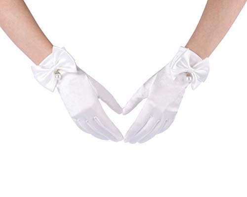 CHIC DIARY Damen Satin Handschuhe Weiß Festlich Kurz Brauthandschuh mit Schleife Hochzeit Fasching Party Kostüm Accessoire von CHIC DIARY