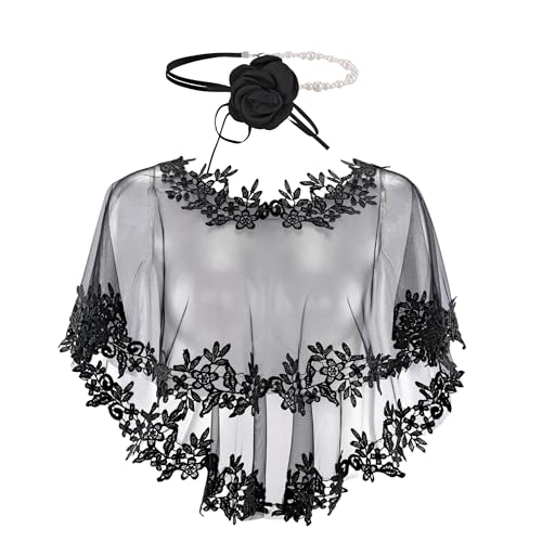 Elegant Spitze Umschlagtücher mit Blumen Halsband,Lace Umhang Perlen choker für Brautkleid Abendkleid Cocktaikleid Hochzeitsaccessoires (schwarz) von CHIC DIARY