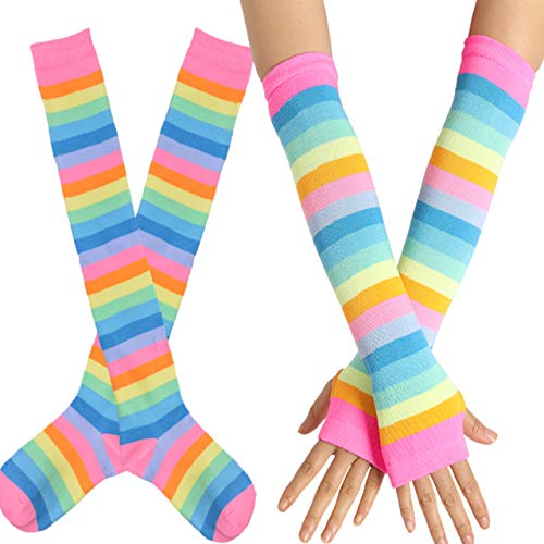 CHIC DIARY Fingerlose Armstulpen Kniestrümpfe Regenbogen Bunte Streifen Handschuhe Overknee Strümpfe Cheerleader Karneval Kostüm von CHIC DIARY