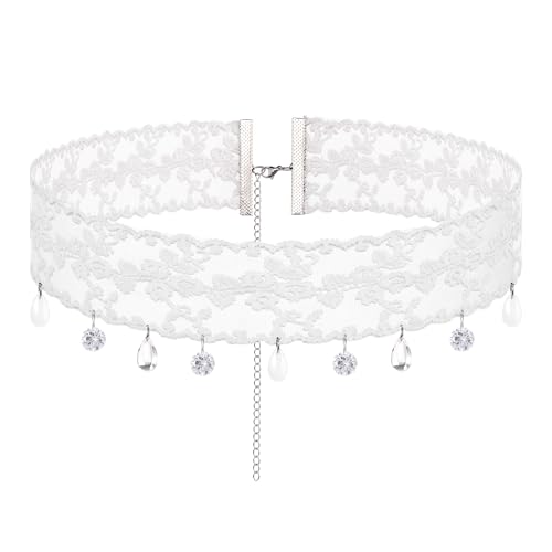 Gothic Spitze Choker für Mädchen Damen,Weiß Lolita Spitze Halsband mit Perlen dangle, Vintage Halskette Spitzenhalsband Perlenhalsband für Karnevalsverkleidung (Weiß A) von CHIC DIARY