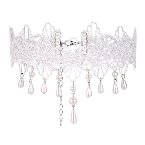 Gothic Spitze Choker für Mädchen Damen,Weiß Lolita Spitze Halsband mit Perlen dangle, Vintage Halskette Spitzenhalsband Perlenhalsband für Karnevalsverkleidung (Weiß B) von CHIC DIARY