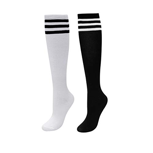 CHIC DIARY Kniestrümpfe Damen Mädchen Fußball Sport Socken College Cheerleader Kostüm Strümpfe Cosplay Streifen Strumpf, 2 Paar(schwarz+weiß Schwarz Streifen), Einheitsgröße von CHIC DIARY