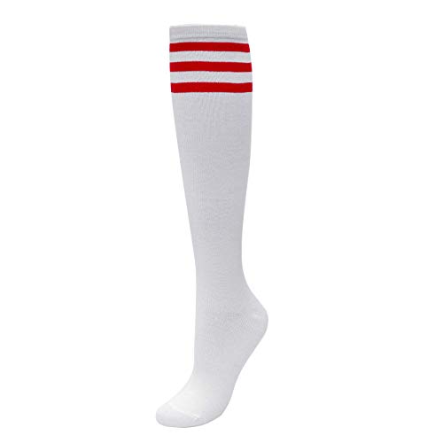 CHIC DIARY Kniestrümpfe Damen Mädchen Fußball Sport Socken College Cheerleader Kostüm Strümpfe Cosplay Streifen Strumpf, Weiß Rot Streifen, Einheitsgröße von CHIC DIARY