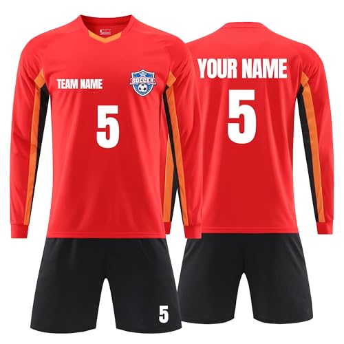 CHIC DIARY Personalisiertes Fußball Trikot mit Team Logo Name Nummer Training Trikots Langarm Shirt & Shorts für Kinder Jungen Herren von CHIC DIARY