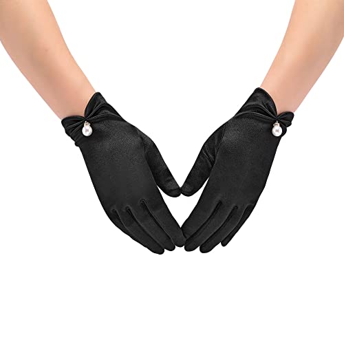 CHIC DIARY Satin Brauthandschuhe Weiß/Schwarz Elegant Retro Kurze Handschuhe Hochzeit Opera Fasching Kostüm Accessories von CHIC DIARY