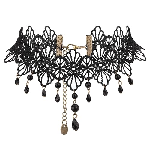 CHIC DIARY Schwarz Gothic Choker Kette Damen Spitze Halskette Perlen Quaster Kropfkette Schmuck Zubehör für Karneval Halloween von CHIC DIARY