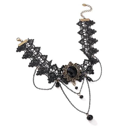 CHIC DIARY Schwarz Gothic Choker Kette Damen Spitze Halskette Perlen Strass Anhänger Kropfkette Schmuck Zubehör für Karneval Halloween von CHIC DIARY