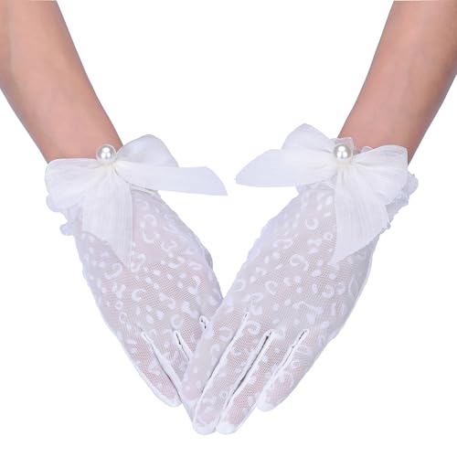 CHIC DIARY Spitze Kurze Handschuhe mit Schleife Brauthandschuhe Damen Schwarz/Weiß Spitzenhandschuhe für Brautkleid Abendkleid von CHIC DIARY
