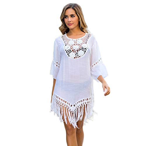 CHIC DIARY Strandtunika mit Quaster Fransen Sommer Strandkleid Bikini Cover Up Gestrickte Strandponcho Beachwear Damen von CHIC DIARY