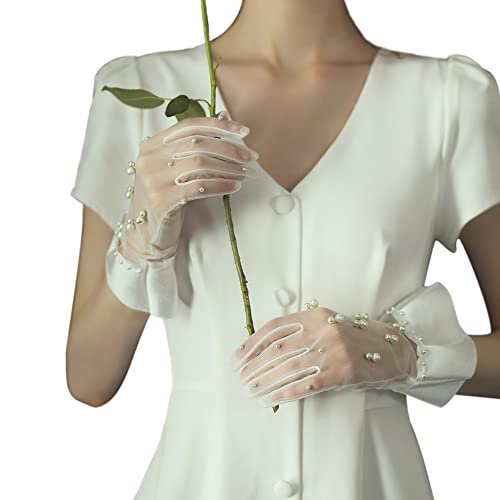 CHIC DIARY Weiß Brauthandschuhe mit Perlen Elegant Tüll Handschuhe für Brautkleid Abendkleid Hochzeit Opera Fasching Accessories von CHIC DIARY