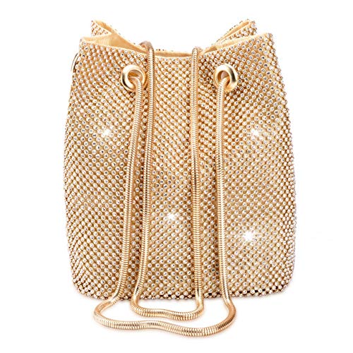 Damen Strass Kristall Clutch Mini Abendtaschen Eimer Tasche Party Abschlussball Hochzeit Kleine Schulter Crossbody Geldbörsen, Gold, Mini von CHIC DIARY