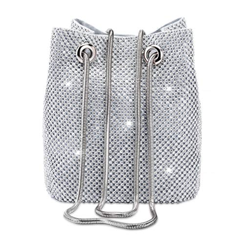 Damen Strass Kristall Clutch Mini Abendtaschen Eimer Tasche Party Abschlussball Hochzeit Kleine Schulter Crossbody Geldbörsen, silber, Mini von CHIC DIARY