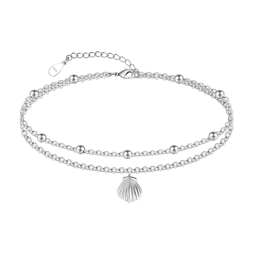 CHIC & ARTSY Jakobsmuschel Fußkettchen 925 Sterling Silber Jakobsmuschel Knöchel Armband Einstellbar 11 Zoll Boho Layered Fuß Fußkettchen für Frauen Strand Doppelkette Fußkettchen von CHIC & ARTSY