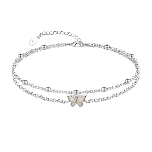 CHIC & ARTSY Schmetterling Fußkettchen 925 Sterling Silber, Silber, 22 cm, Böhmisch, Schmetterling-Design, Verstellbar, Lobster-Claw-Verschluss, Bead-Kette, Erwachsene, Frauen, Strand, Liebe, Schmuck von CHIC & ARTSY