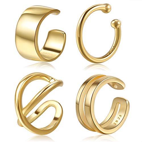 CHIC & ARTSY 4Pcs Ear Cuff Set Damen Ohrmanschette 925 Sterling Silber Ohrringe Earcuffs Gold Set Helix Knorpel Ohrmanschette Ohne Ohrloch Wickelohrring Fakepircings Ohr Cuffs Ohrklemme von CHIC & ARTSY