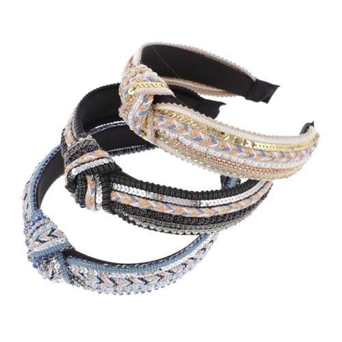 CHICAMPERA 3 Stück Knotenhaarbänder mit Perlen Pailletten und Strass Elastische Stirnbänder für Damen und Mädchen Modischer Haarschmuck für Alltag und Abendkleidung in Beige Blau und Schwarz von CHICAMPERA