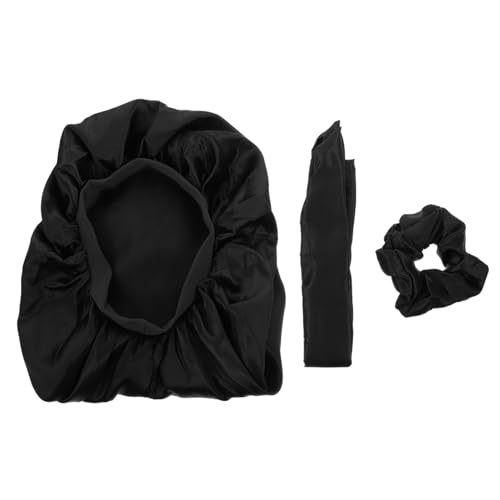 CHICAMPERA 3 Stück Teiliges Satin Schlafhauben Lang mit Breitem Elastischem Haarband Komfortable Haarmütze zum Schutz der Haare Beim Schlafen Schwarzer Haarschmuck für Damen und Herren von CHICAMPERA