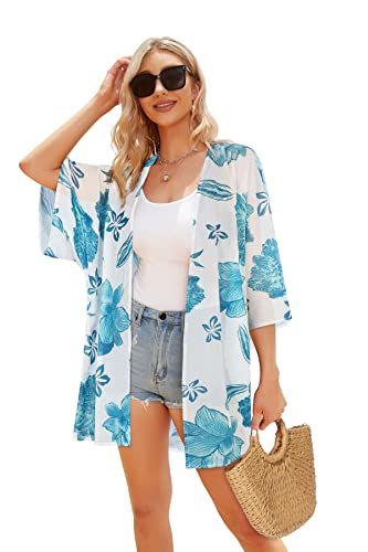 Damen Blumendruck Puffärmel Kimono Cardigan Loose Cover Up Casual Bluse Tops, Aqua Flowers, Small von CHICGAL