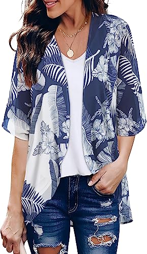 Damen Blumendruck Puffärmel Kimono Cardigan Loose Cover Up Casual Bluse Tops, Marinegraues Blatt, XX-Large von CHICGAL