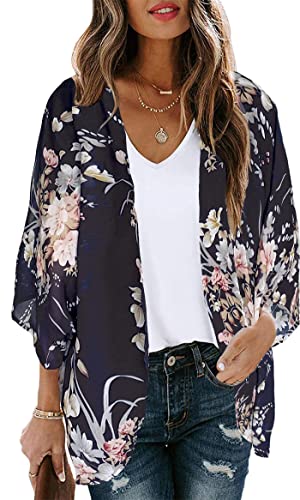 Damen Blumendruck Puffärmel Kimono Cardigan Loose Cover Up Casual Bluse Tops, Navy Blove, 5X-Groß von CHICGAL