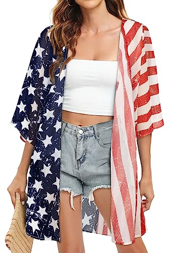 Damen Kimono Cardigan mit Blumendruck, Puffärmel, lockere Abdeckung, lässige Bluse, Tops, US-Flagge Print-2, Large von CHICGAL