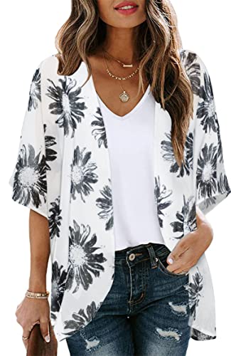 Damen Blumendruck Puffärmel Kimono Cardigan Lose Cover Up Casual Bluse Tops, Dasiy White, 5X-Large von CHICGAL