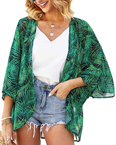 Damen Blumendruck Puffärmel Kimono Cardigan Lose Cover Up Casual Bluse Tops - Grün - 3X-Groß von CHICGAL