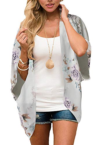 Damen Blumendruck Puffärmel Kimono Cardigan Lose Cover Up Casual Bluse Tops - Silber - Groß von CHICGAL