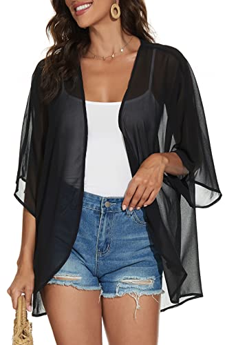 Damen Floral Print Puffärmel Kimono Cardigan Loose Cover Up Casual Bluse Tops, B Solid Black, 4X-Large von CHICGAL