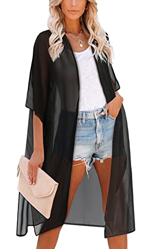 Damen Kimono Badeanzug Coverups Sommer Strand Casual Lose Strickjacken für Bademode, Einfarbig Schwarz, X-Large von CHICGAL