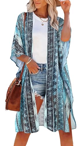 Damen Kimono Badeanzug Coverups Sommer Strand Casual Lose Strickjacken für Bademode, Ethno-Print mit blauen Streifen, Medium von CHICGAL