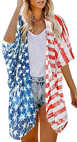 Damen-Kimono-Cardigan mit amerikanischen Flaggen, lockere Passform, lässige Bluse (Amerika-Flagge 2XL) von CHICGAL